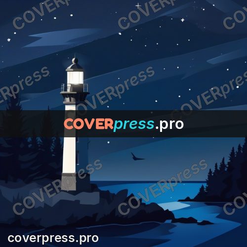 Flat illustration: lighthouse by the water at night