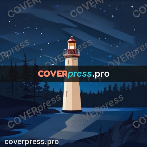 Flat illustration: lighthouse by the water at night