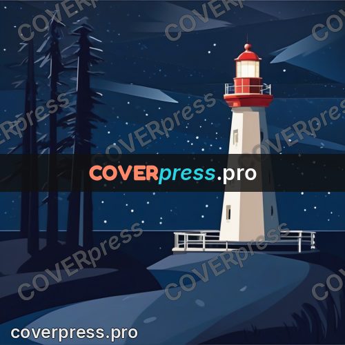 Flat illustration: lighthouse by the water at night