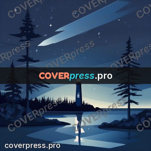 Flat illustration: lighthouse by the water at night