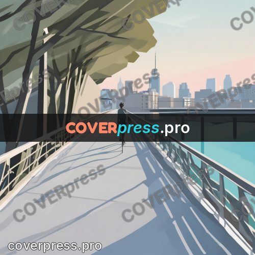 Flat illustration: cyclist crossing a river bridge