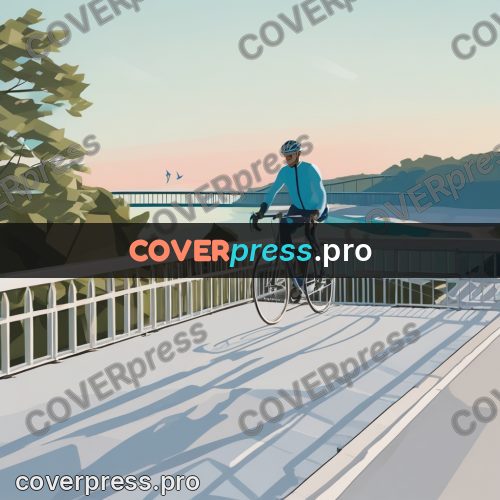 Flat illustration: cyclist crossing a river bridge