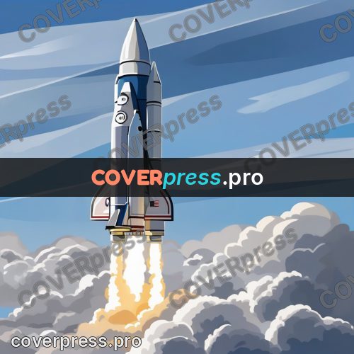 Flat illustration: rocket rising through the clouds