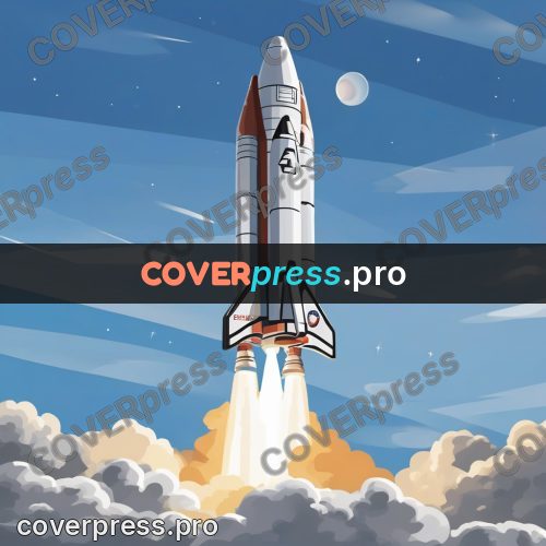 Flat illustration: rocket rising through the clouds