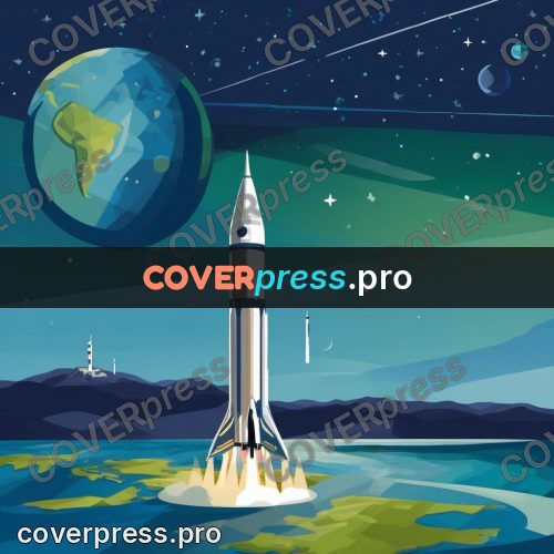Flat illustration: rocket launching under a starry sky