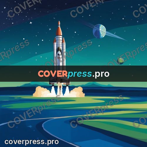 Flat illustration: rocket launching under a starry sky