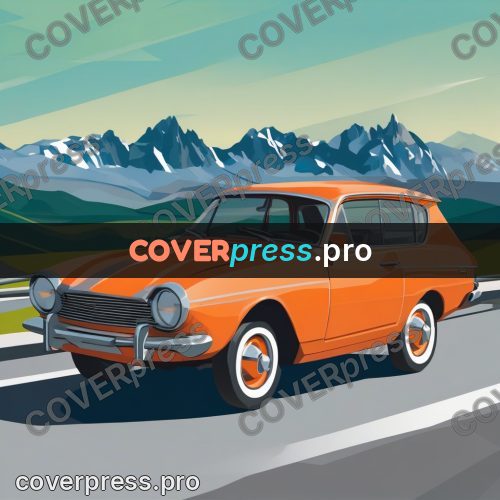 Flat illustration: orange car on a mountain road