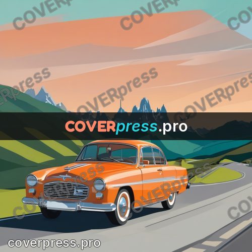 Flat illustration: orange car on a mountain road