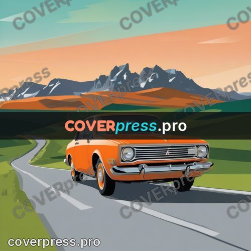Flat illustration: orange car on a mountain road