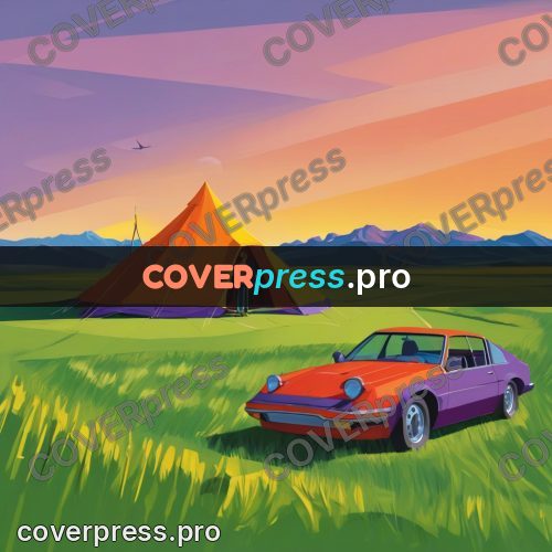 Flat illustration: tent and car on a meadow