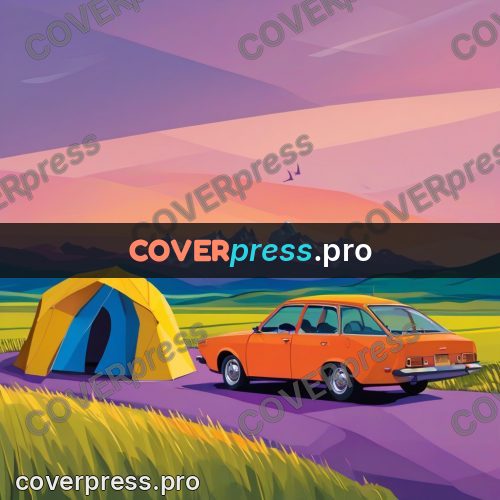 Flat illustration: tent and car on a meadow