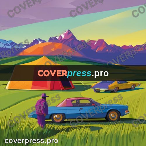 Flat illustration: tent and car on a meadow