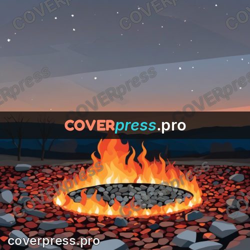 Flat illustration: fire among stones at dusk