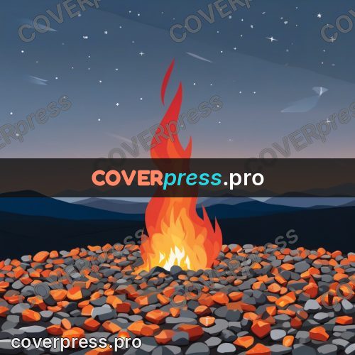 Flat illustration: fire among stones at dusk