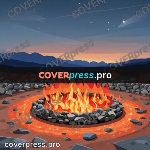 Flat illustration: fire among stones at dusk