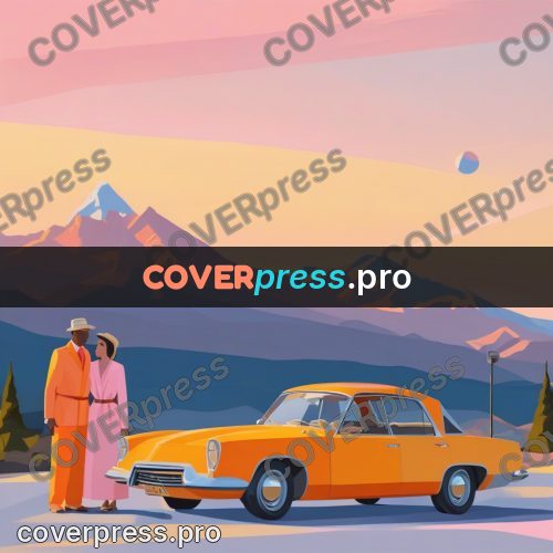 Flat illustration: people beside a car in mountains