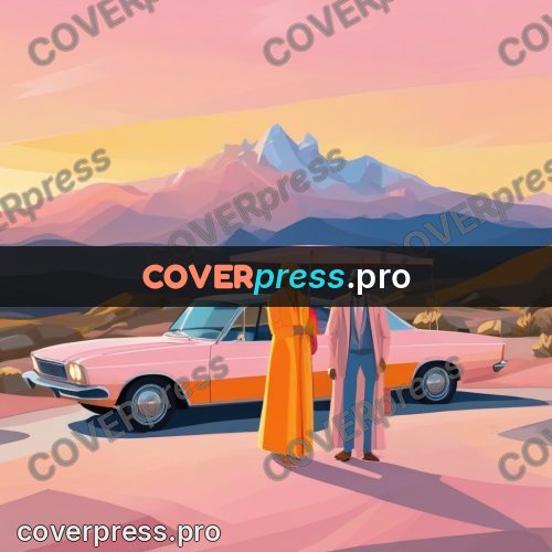 Flat illustration: people beside a car in mountains