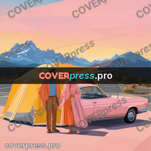 Flat illustration: people beside a car in mountains