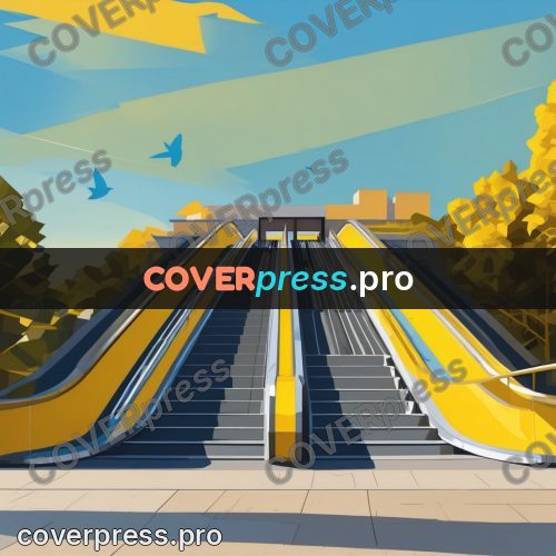 Flat illustration: escalators and stairs at an entrance