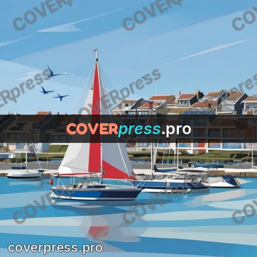 Flat illustration: sailboat in a coastal harbour