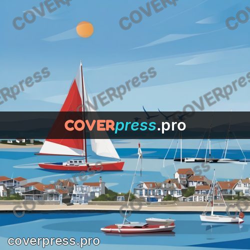 Flat illustration: sailboat in a coastal harbour