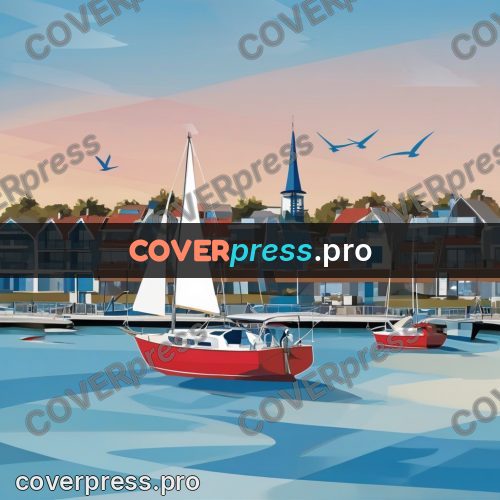 Flat illustration: sailboat in a coastal harbour