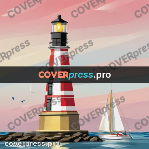 Flat illustration: striped lighthouse and a boat