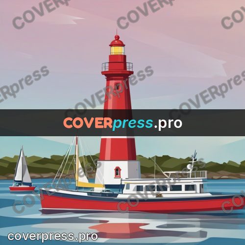 Flat illustration: striped lighthouse and a boat