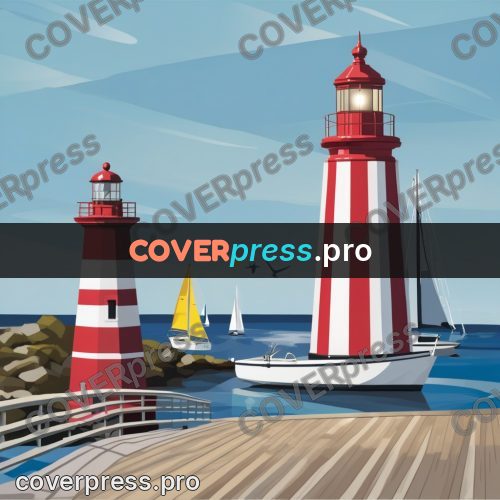 Flat illustration: striped lighthouse and a boat