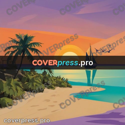 Flat illustration: sailboat off a palm beach