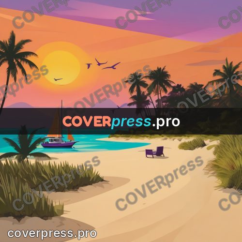 Flat illustration: sailboat off a palm beach