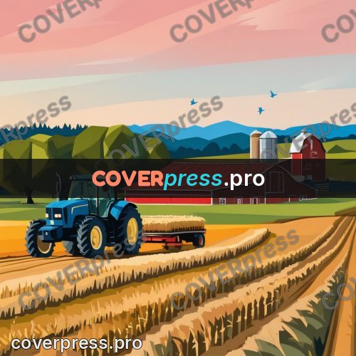 Flat illustration: tractor by a red barn