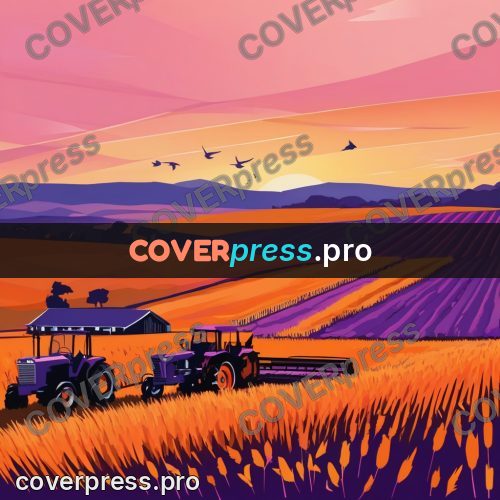 Flat illustration: tractor in a field at sunset