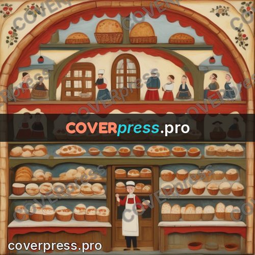 Folk art illustration: shelves of bread in a bakery