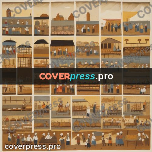 Folk art illustration: bakery with bread and people