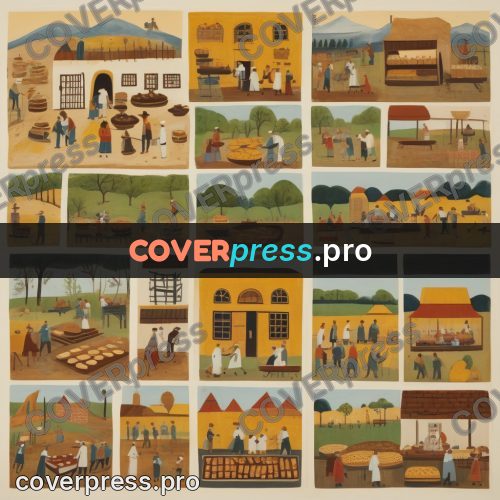 Folk art illustration: bakery with bread and people