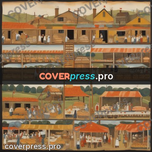 Folk art illustration: bakery with bread and people