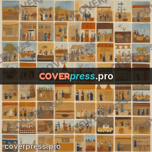 Folk art illustration: bakery with bread and people