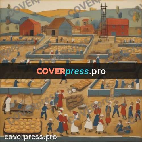 Folk art illustration: bakery with bread and people
