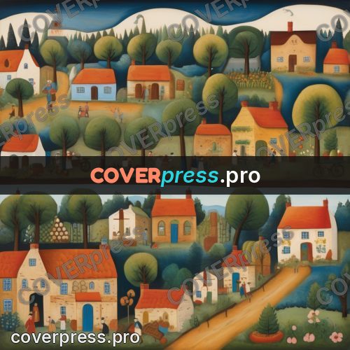 Folk art illustration: village among gardens and roads