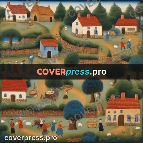 Folk art illustration: village among gardens and roads