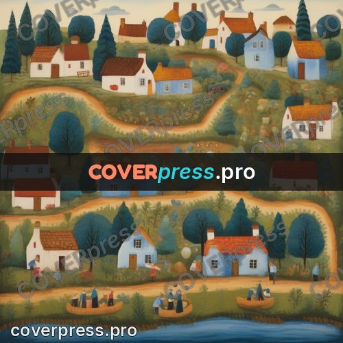 Folk art illustration: village among gardens and roads