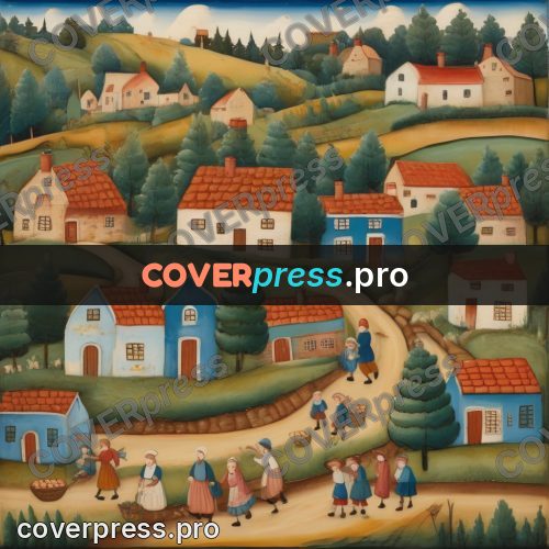 Folk art illustration: village among gardens and roads