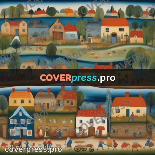 Folk art illustration: village among gardens and roads