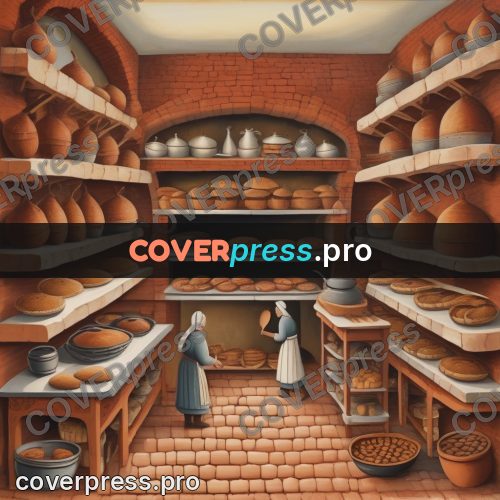 Folk art illustration: oven and shelves of bread
