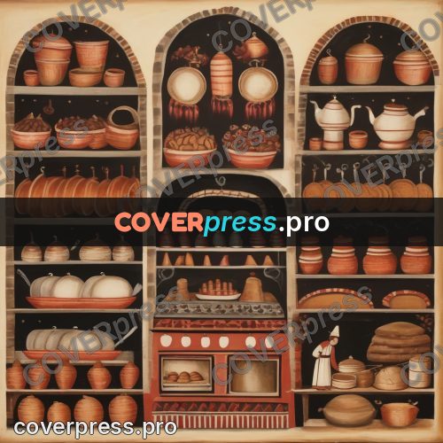 Folk art illustration: oven and shelves of bread