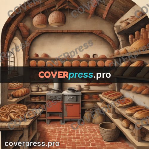 Folk art illustration: oven and shelves of bread