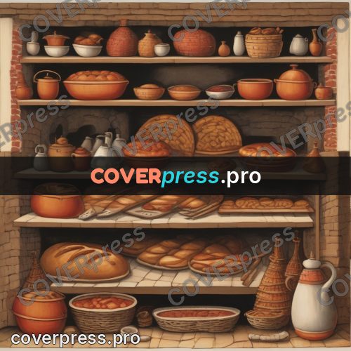 Folk art illustration: oven and shelves of bread