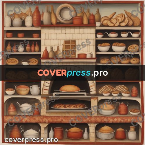 Folk art illustration: oven and shelves of bread