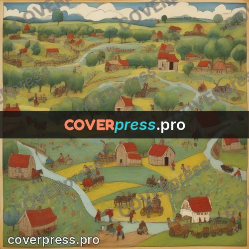 Folk art illustration: farms and fields with animals